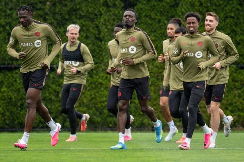 ETHAN CAIRNS / THE CANADIAN PRESS
                                Just eight of the World Cup&rsquo;s 48 teams entirely native-born. From left: Brampton&rsquo;s Promise David, Nigerian-born, Mississauga product Tani Oluwaseyi, Toronto product Ali Ahmed and Langley, B.C., product Joel Waterman practise at Team Canada&rsquo;s Friday camp.