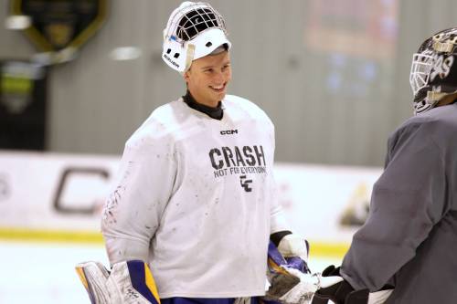 Ryley Budd, shown talking to Uriah Moosetail, is excited about coming to Brandon in an off-season trade after he struggled to find playing time with the Saskatoon Blades last season. (Perry Bergson/The Brandon Sun)