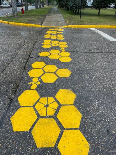 A hive-themed crosswalk has been painted onto an intersection in Neepawa through an art initiative headed up by Arts Forward. (Photo courtesy of ArtsForward)