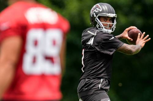 Atlanta Falcons quarterback Tua Tagovailoa works out during an NFL football practice in May in Flowery Branch, Ga. Bruce Penton writes that Tagovailoa&rsquo;s move to the Falcons from the Miami Dolphins was probably the most significant QB switch in the offseason. (The Associated Press)