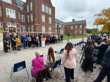 Health Minister Uzoma Asagwara announces the province has hired 17 net new psychiatrists during a news conference outside Selkirk Mental Health Centre Friday. (Morgan Modjeski/Winnipeg Free Press)