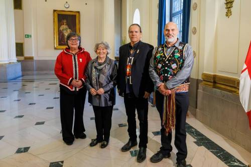 Gov. Gen. Louise Arbour (second from left) stands with (from left): CEO Gayle Gruben, Manitoba Inuit Association; Grand Chief Garrison Settee, Manitoba Keewatinowi Okimakanak; and Minister Will Goodon, Manitoba Métis Federation. (Mike Deal/Winnipeg Free Press)