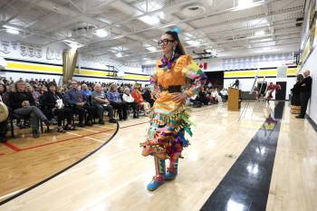 Jingle dress dancer, They Blackburde Moore, performs at the Lord Selkirk School Division renaming event last week.
