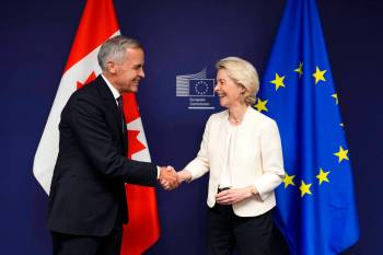 Prime Minister Mark Carney (left) and European Commission President Ursula von der Leyen meet at the European Parliament in Strasbourg, France, on Sept. 16. They will meet again in Montreal on Oct. 29 and 30. (The Canadian Press files)