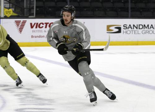 Aiden Foster skates at Brandon Wheat Kings practice at Assiniboine Credit Union Place on Thursday afternoon. He will make his Wheat Kings debut tonight against the visiting Seattle Thunderbirds. (Perry Bergson/The Brandon Sun) Oct. 22, 2026
