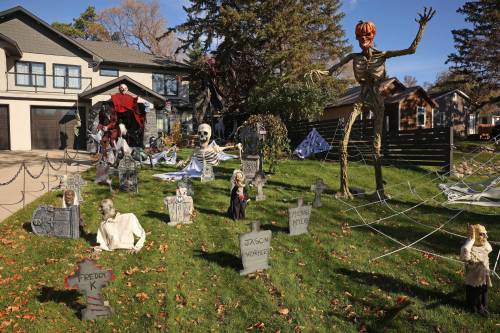 Spooky Halloween decorations fill a yard for The Haunt at Edwardson Manor at 539 Ross Ave. on a sunny Tuesday. The Haunt at Edwardson Manor is taking donations for the Brandon Humane Society. (Tim Smith/The Brandon Sun)