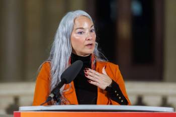 Families Minister Nahanni Fontaine, who is government house leader, scrums with the media after question period in the Manitoba legislature on Tuesday. (Mike Deal/Winnipeg Free Press)