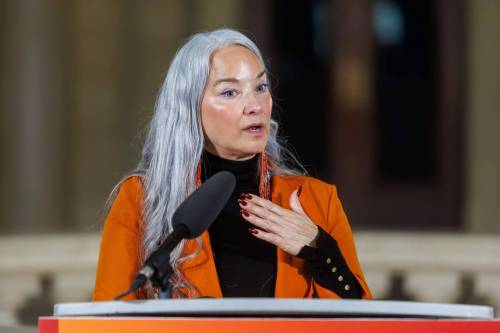 Families Minister Nahanni Fontaine, who is government house leader, scrums with the media after question period in the Manitoba legislature on Tuesday. (Mike Deal/Winnipeg Free Press)